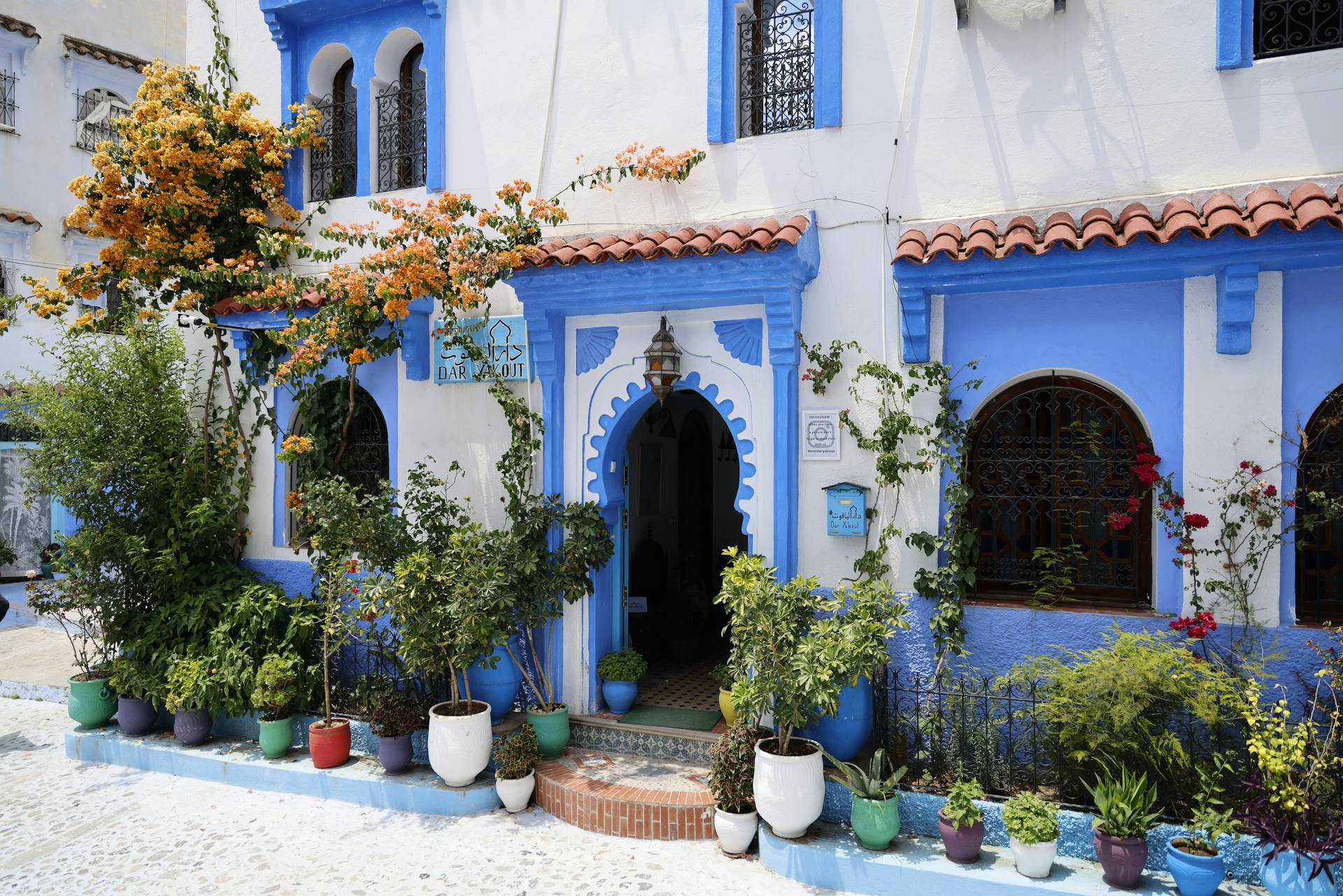 The traditional courtyard and rooftop of an authentic Riad in the Medina of Chefchaouen.
